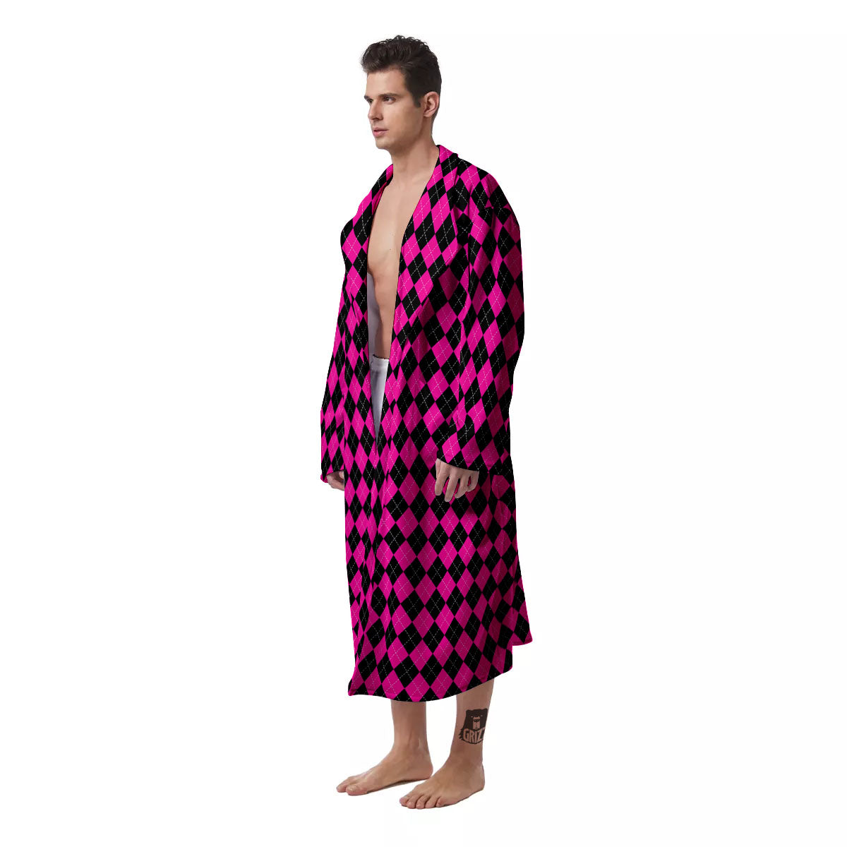 Black Argyle And Deep Pink Print Pattern Men's Robe-grizzshop