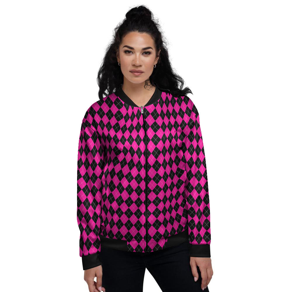 Black Argyle And Deep Pink Print Pattern Women's Bomber Jacket-grizzshop