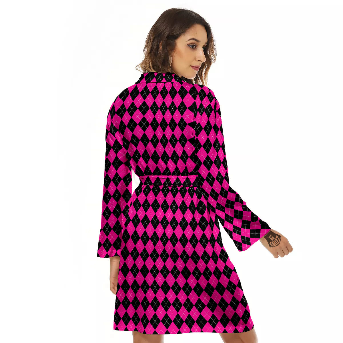 Black Argyle And Deep Pink Print Pattern Women's Robe-grizzshop
