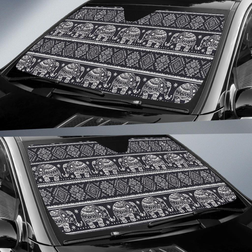 Black Aztec Elephant Pattern Print Car Sun Shade-grizzshop