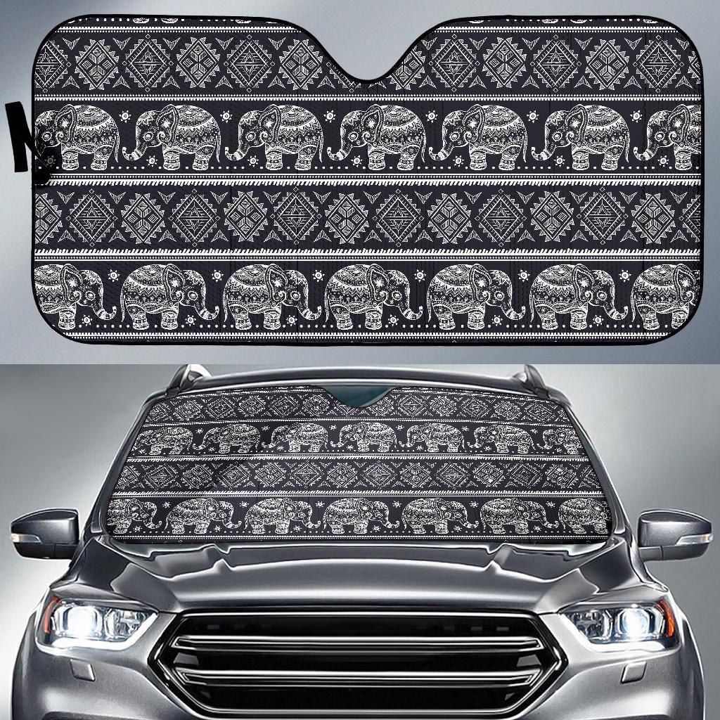 Black Aztec Elephant Pattern Print Car Sun Shade-grizzshop