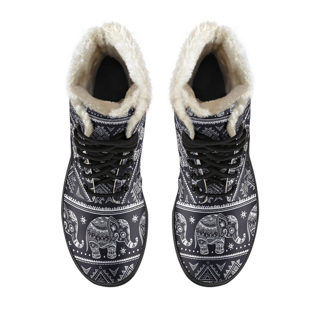 Black Aztec Elephant Pattern Print Comfy Winter Boots-grizzshop