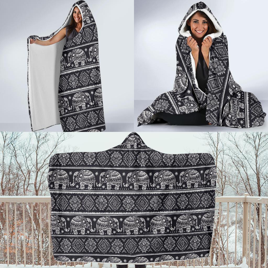 Black Aztec Elephant Pattern Print Hooded Blanket-grizzshop