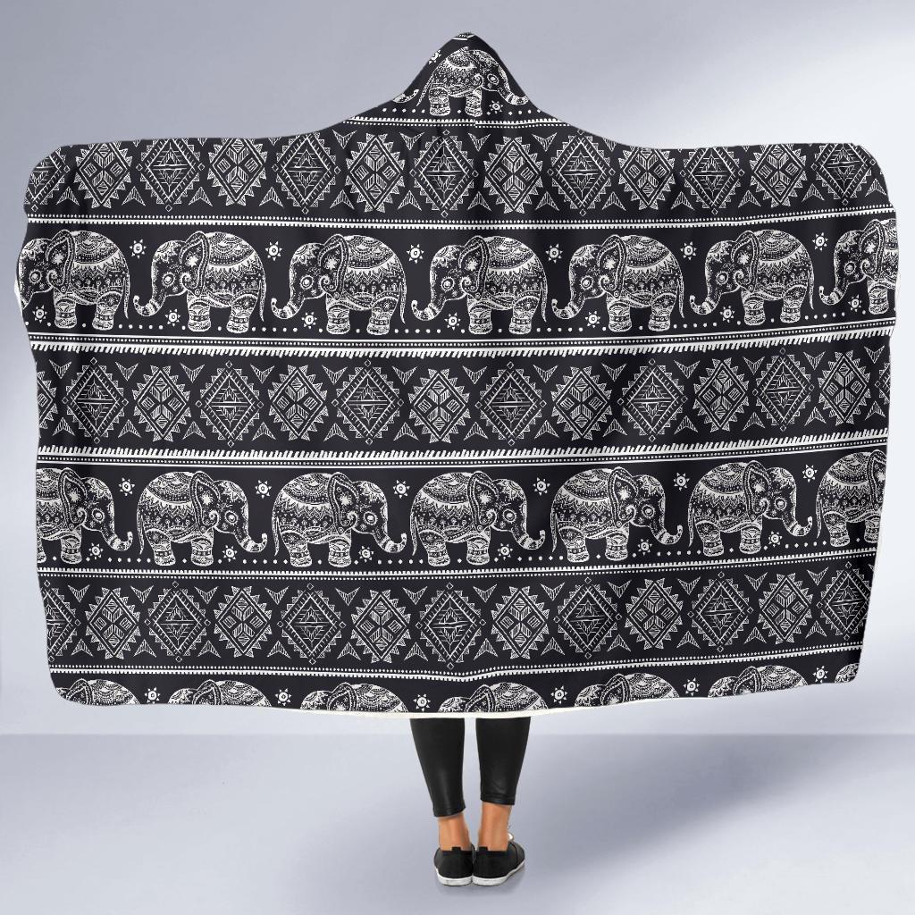 Black Aztec Elephant Pattern Print Hooded Blanket-grizzshop