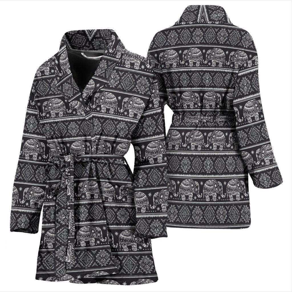 Black Aztec Elephant Pattern Print Women Long Robe-grizzshop