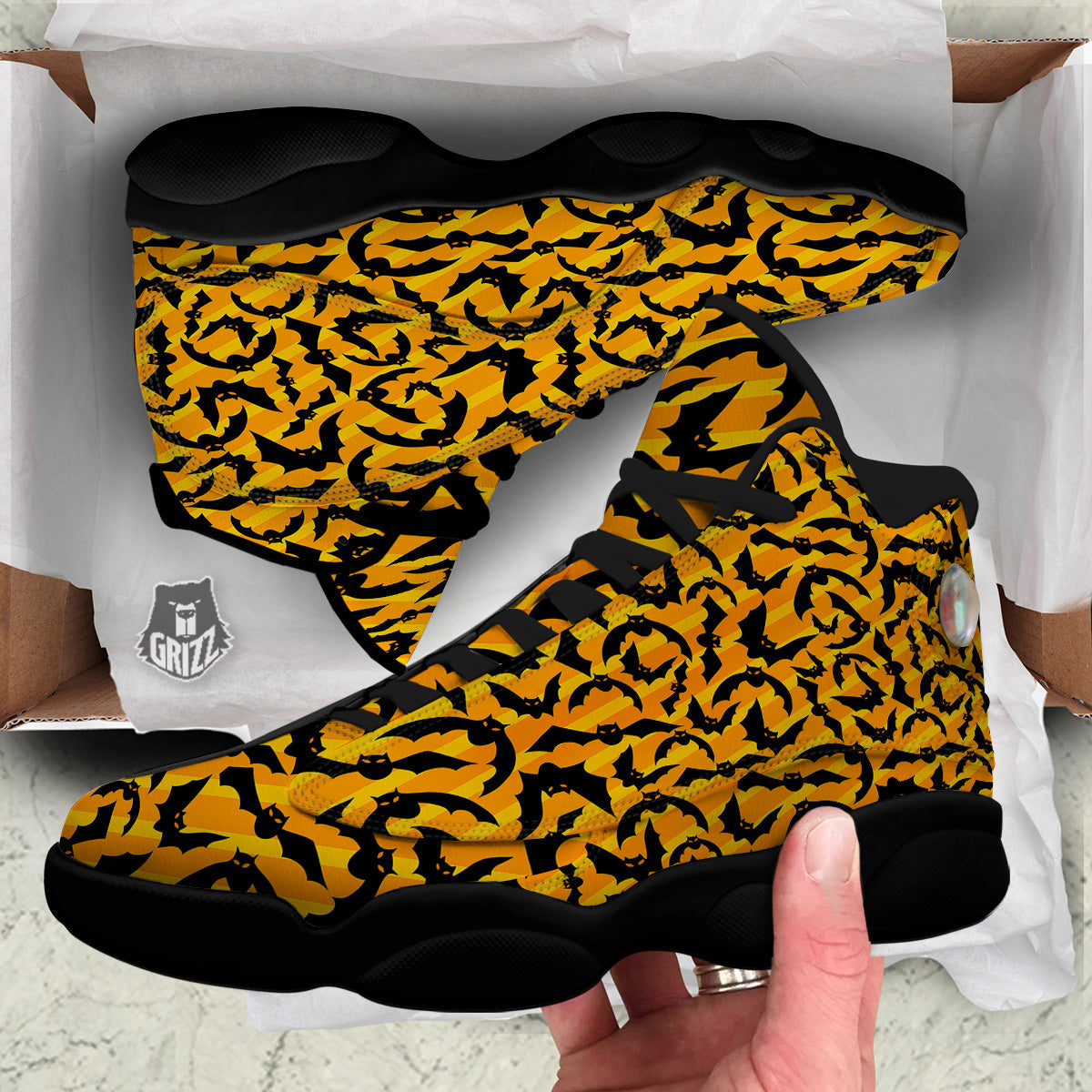 Black Bat And Orange Striped Print Pattern Black Basketball Shoes-grizzshop