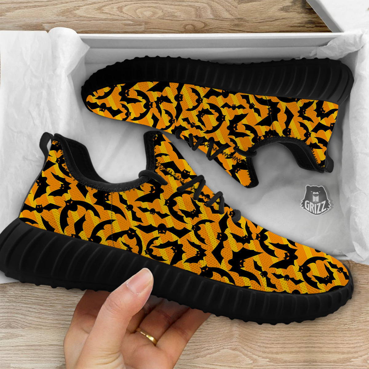 Black Bat And Orange Striped Print Pattern Black Walking Shoes-grizzshop