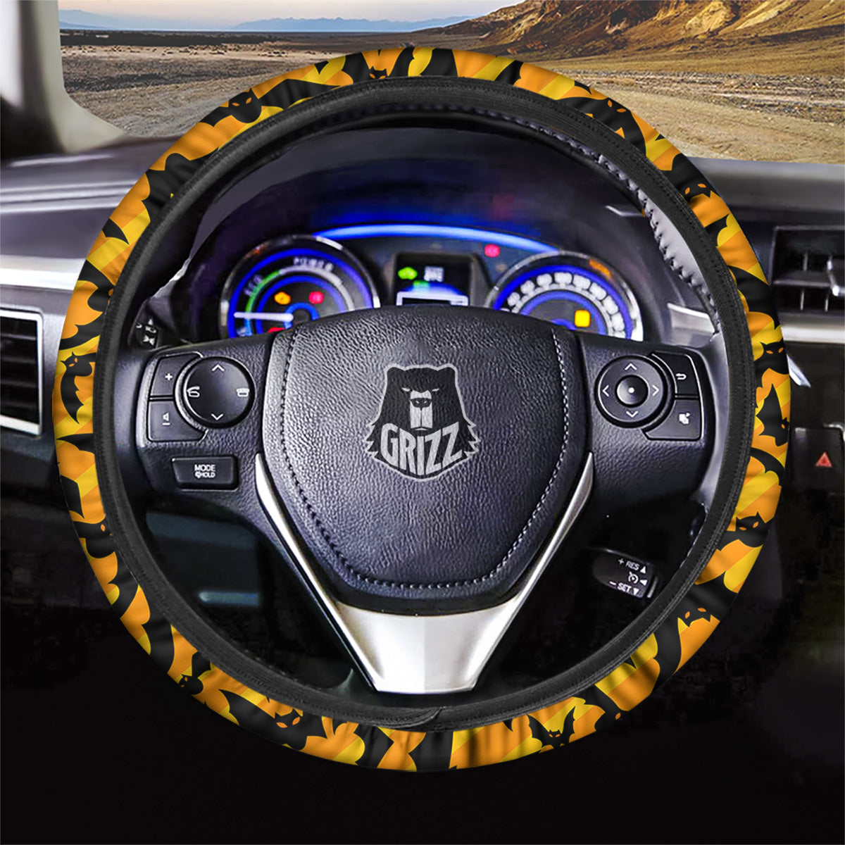 Black Bat And Orange Striped Print Pattern Car Steering Wheel Cover-grizzshop