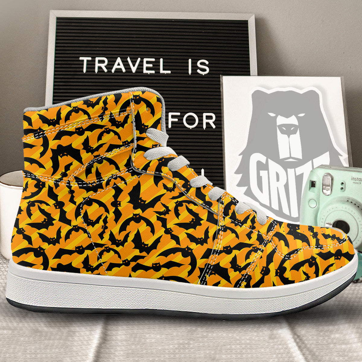 Black Bat And Orange Striped Print Pattern High Top Sneakers-grizzshop