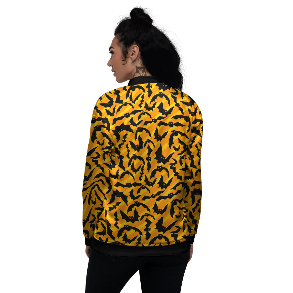 Black Bat And Orange Striped Print Pattern Women's Bomber Jacket-grizzshop