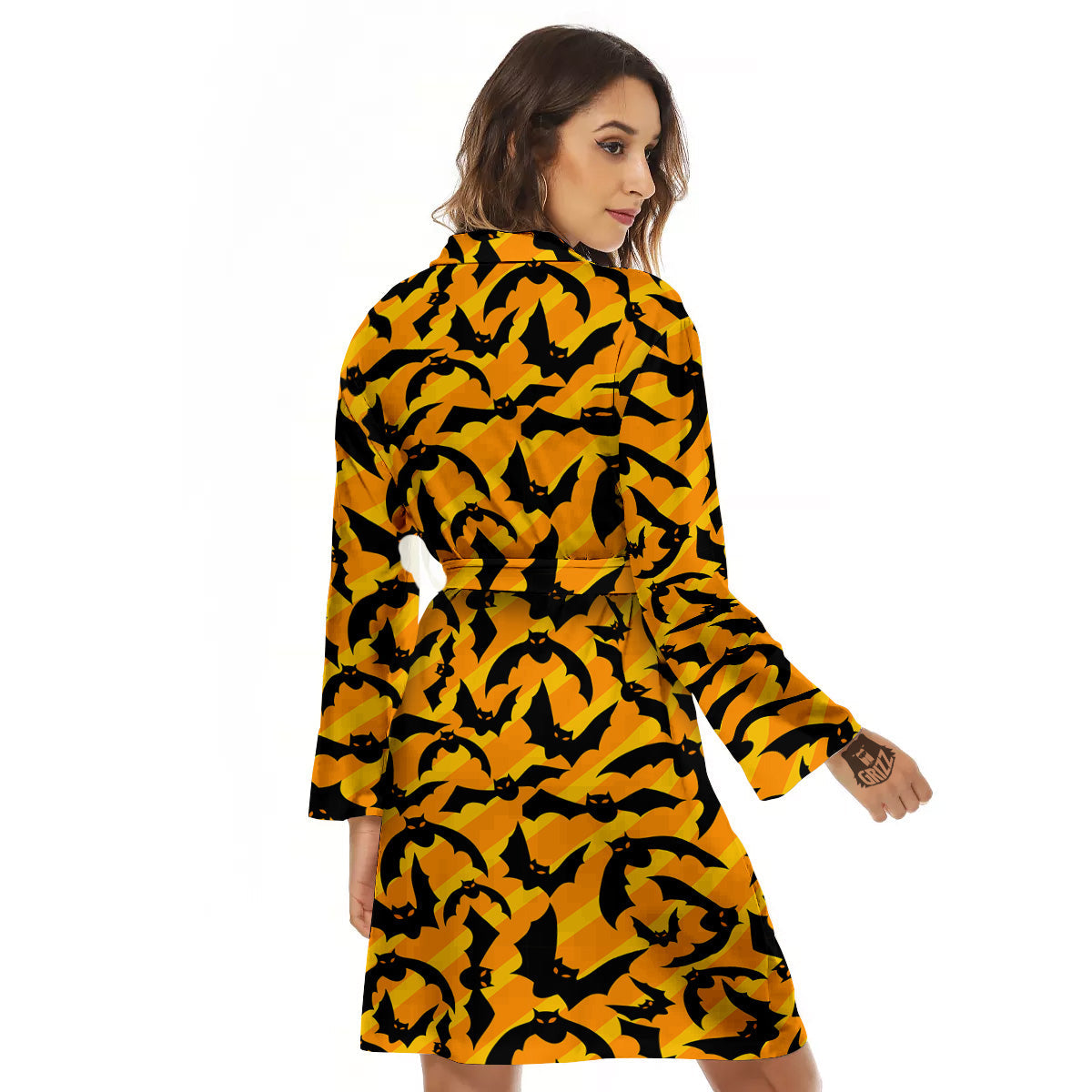 Black Bat And Orange Striped Print Pattern Women's Robe-grizzshop