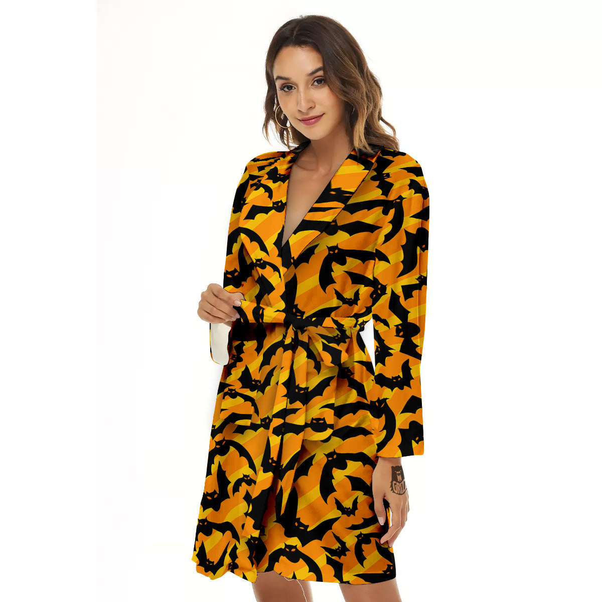 Black Bat And Orange Striped Print Pattern Women's Robe-grizzshop