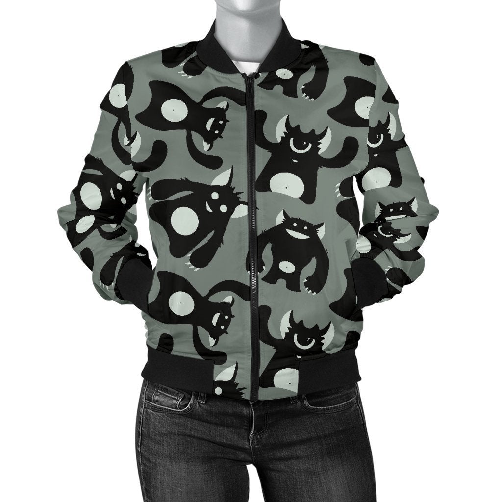 Black Bigfoot Pattern Print Women Casual Bomber Jacket-grizzshop