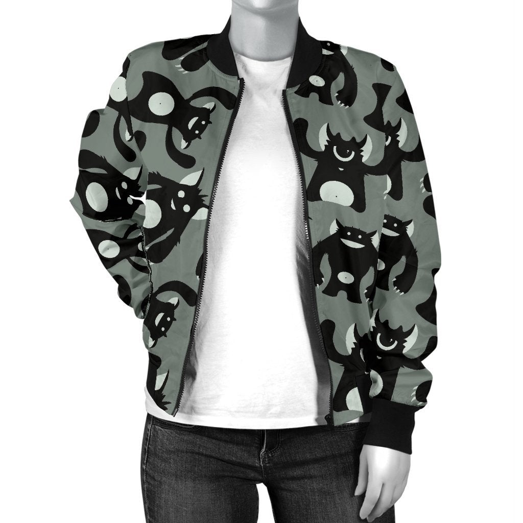 Black Bigfoot Pattern Print Women Casual Bomber Jacket-grizzshop