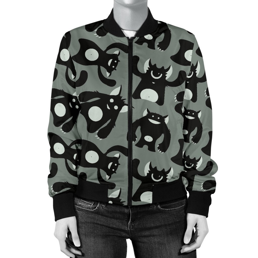 Black Bigfoot Pattern Print Women Casual Bomber Jacket-grizzshop