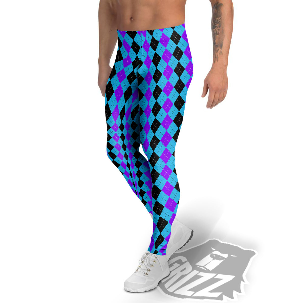 Black Blue And Purple Argyle Print Men's Leggings-grizzshop