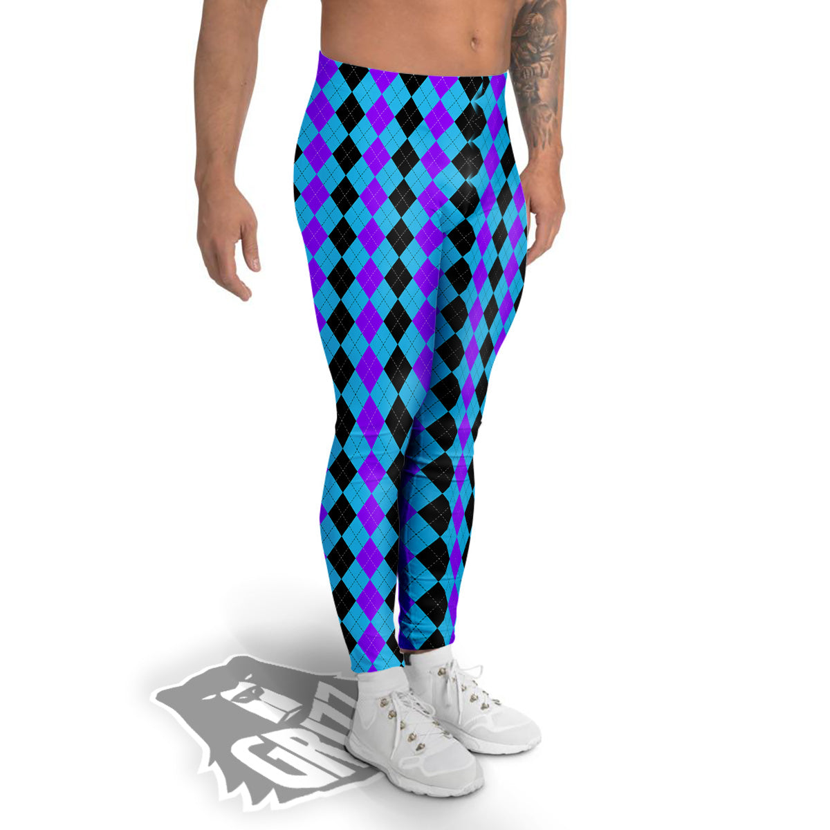 Black Blue And Purple Argyle Print Men's Leggings-grizzshop