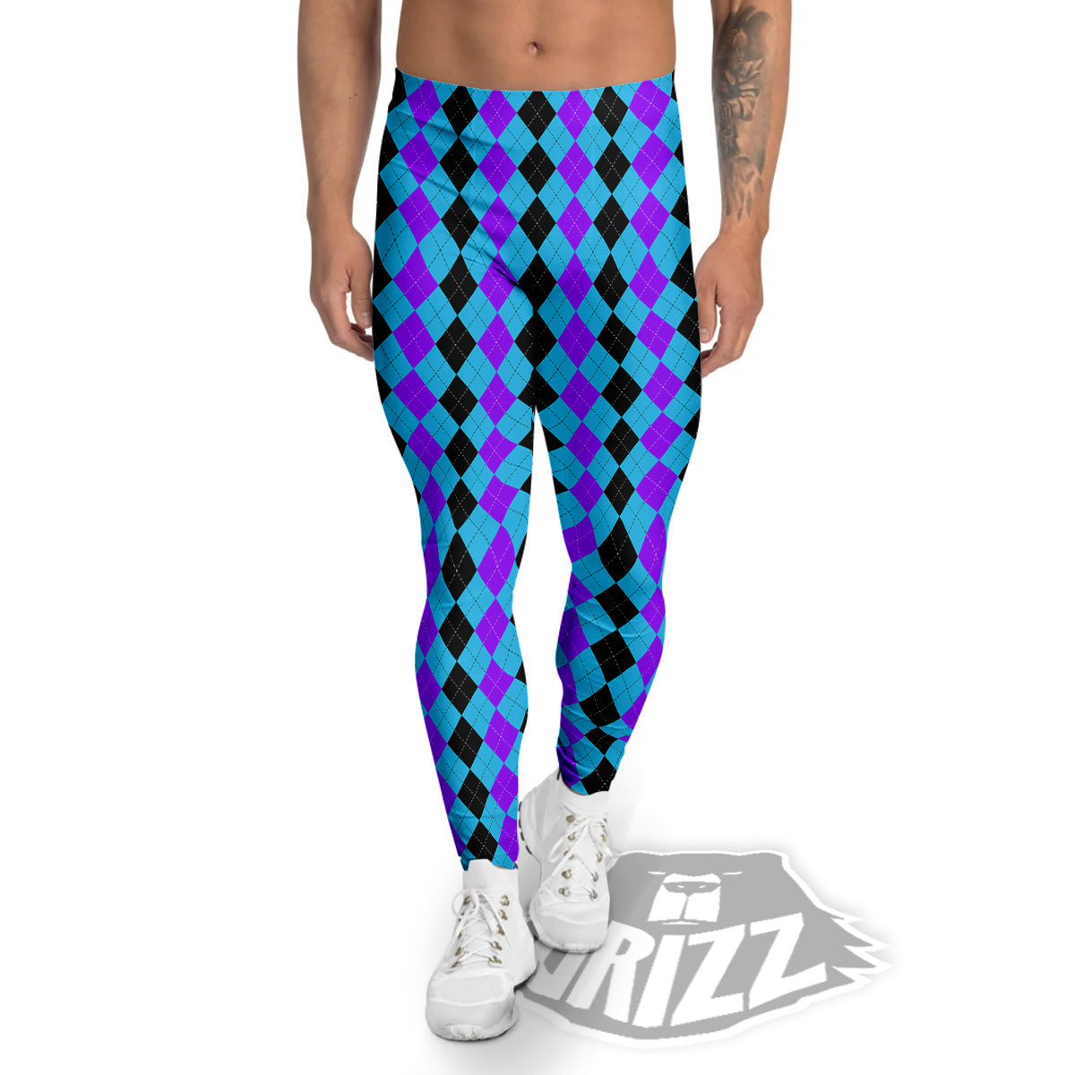 Black Blue And Purple Argyle Print Men's Leggings-grizzshop