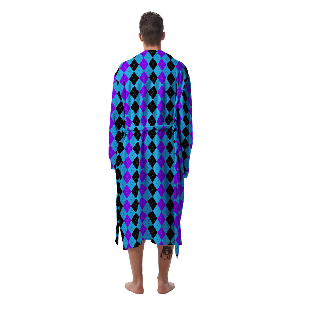 Black Blue And Purple Argyle Print Men's Robe-grizzshop
