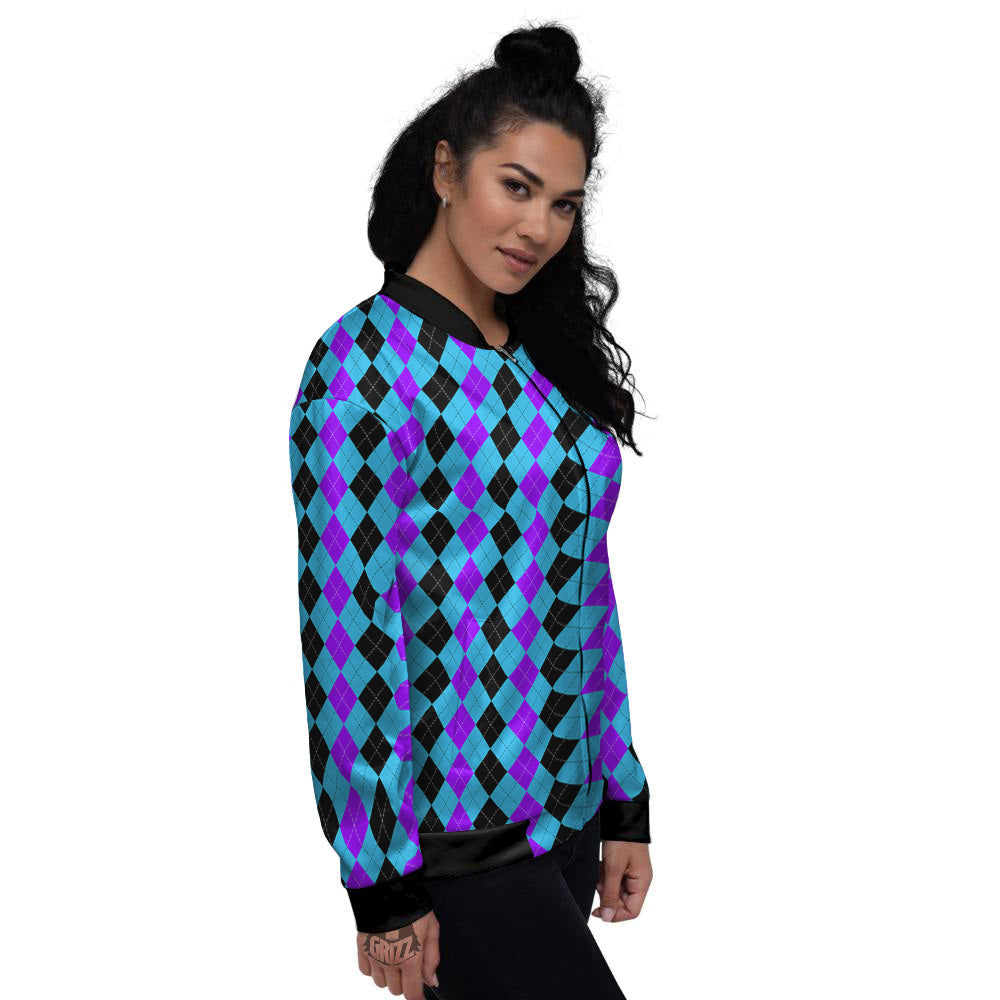 Black Blue And Purple Argyle Print Women's Bomber Jacket-grizzshop