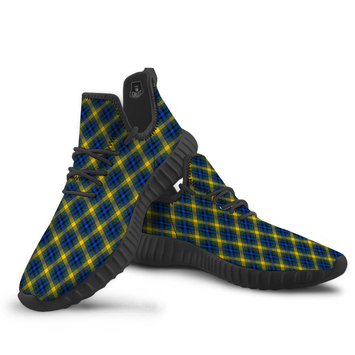 Black Blue And Yellow Argyle Print Black Walking Shoes-grizzshop