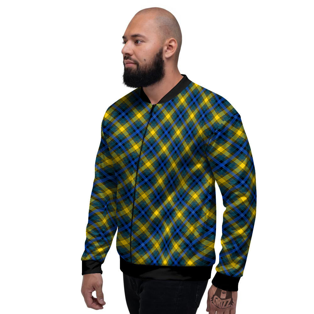 Black Blue And Yellow Argyle Print Men's Bomber Jacket-grizzshop