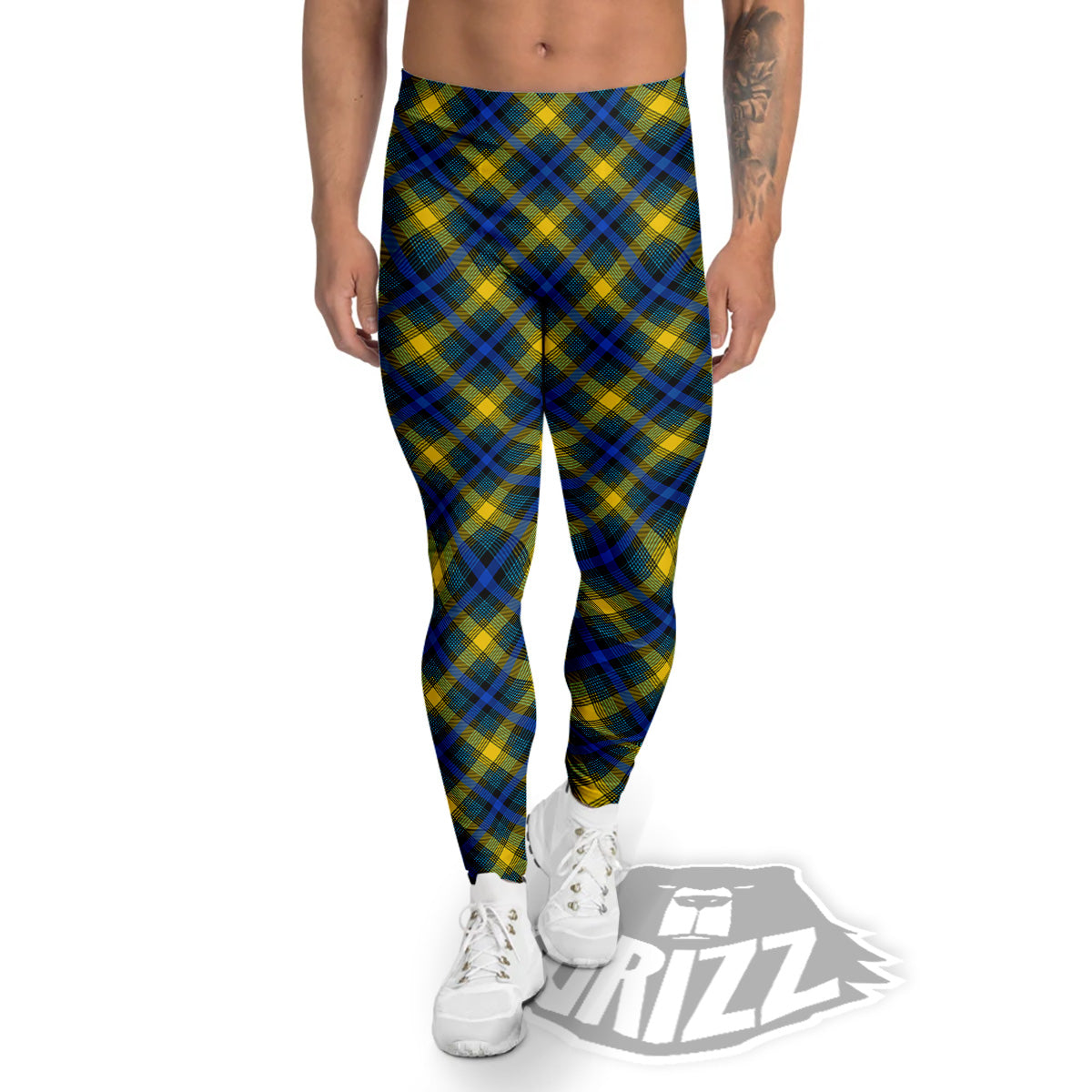 Black Blue And Yellow Argyle Print Men's Leggings-grizzshop