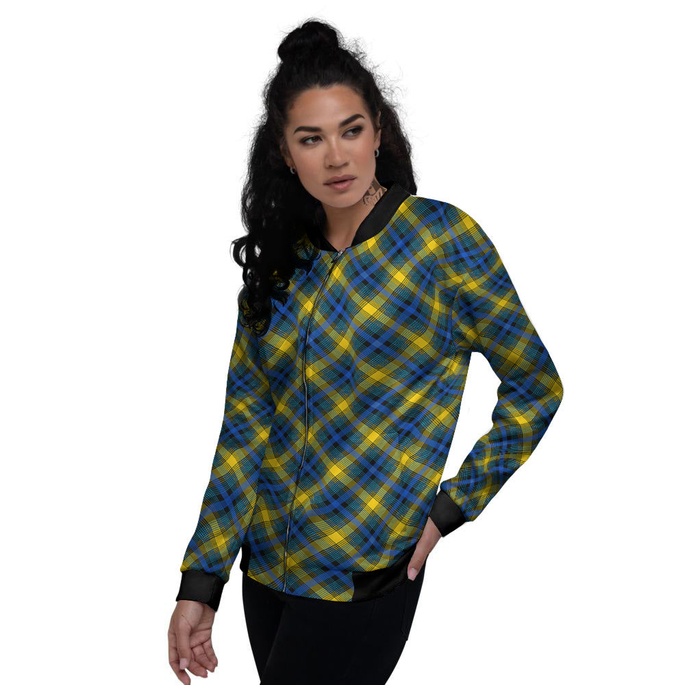 Black Blue And Yellow Argyle Print Women's Bomber Jacket-grizzshop