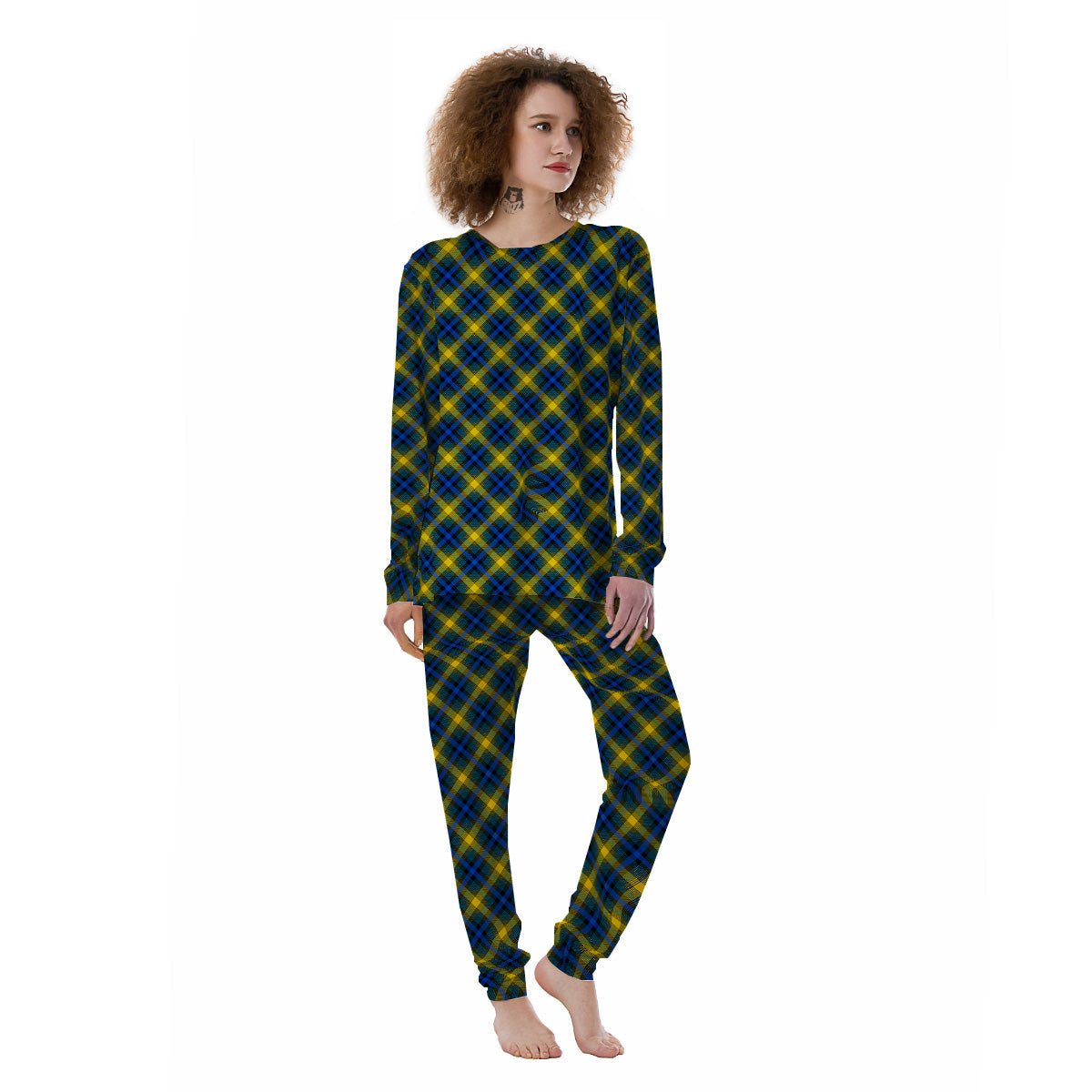 Black Blue And Yellow Argyle Print Women's Pajamas-grizzshop