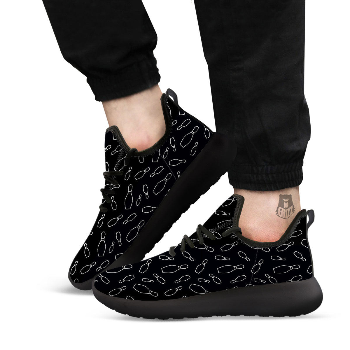 Black Bowling Pins Print Pattern Black Athletic Shoes-grizzshop