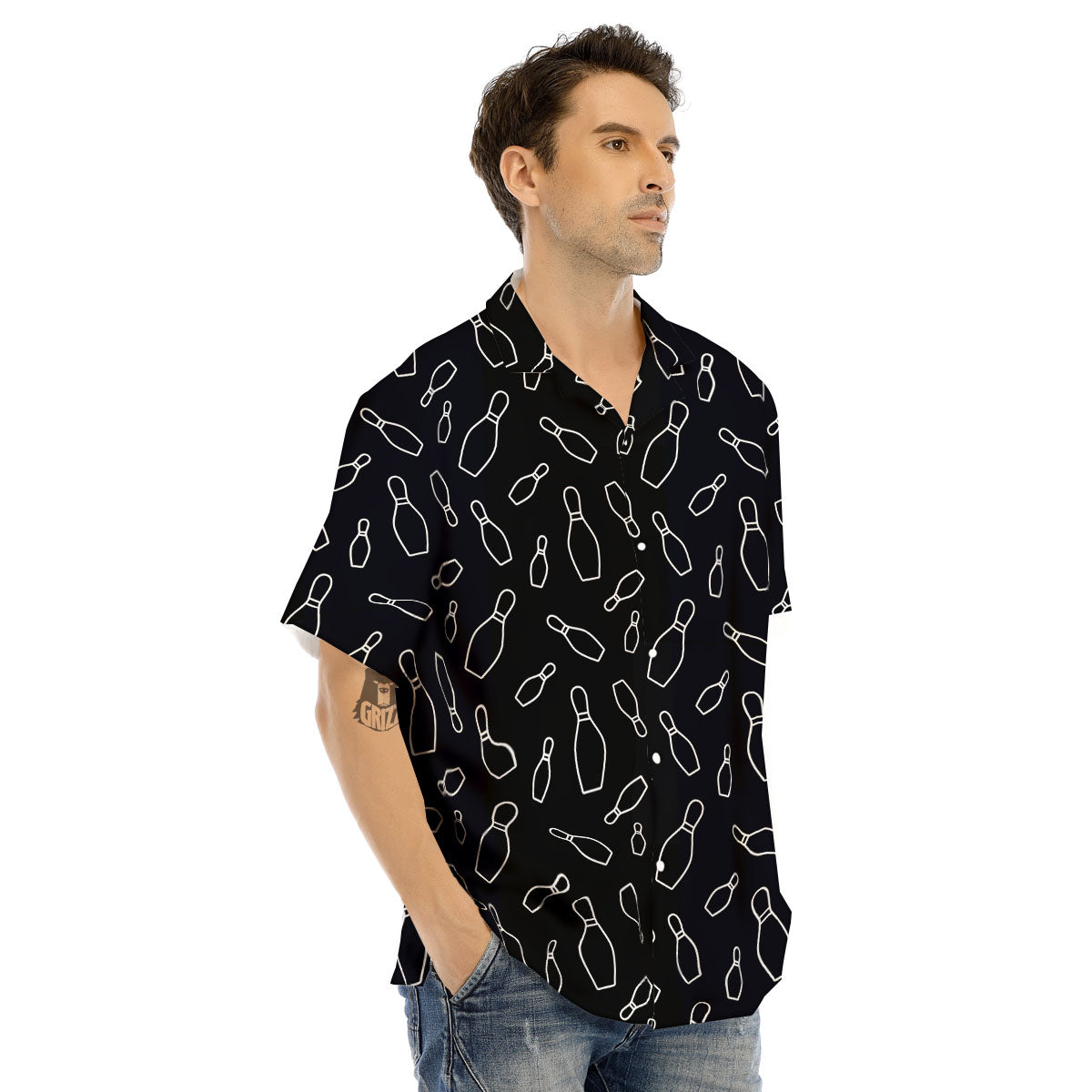 Black Bowling Pins Print Pattern Men's Hawaiian Shirt-grizzshop