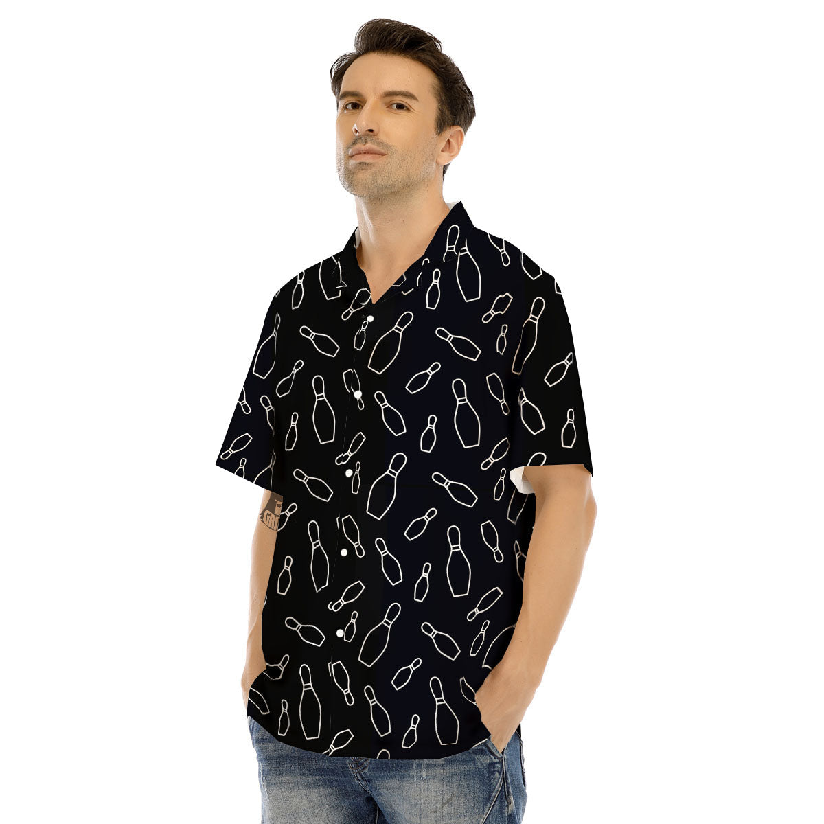 Black Bowling Pins Print Pattern Men's Hawaiian Shirt-grizzshop