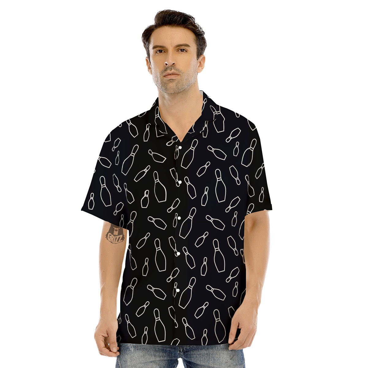 Black Bowling Pins Print Pattern Men's Hawaiian Shirt-grizzshop