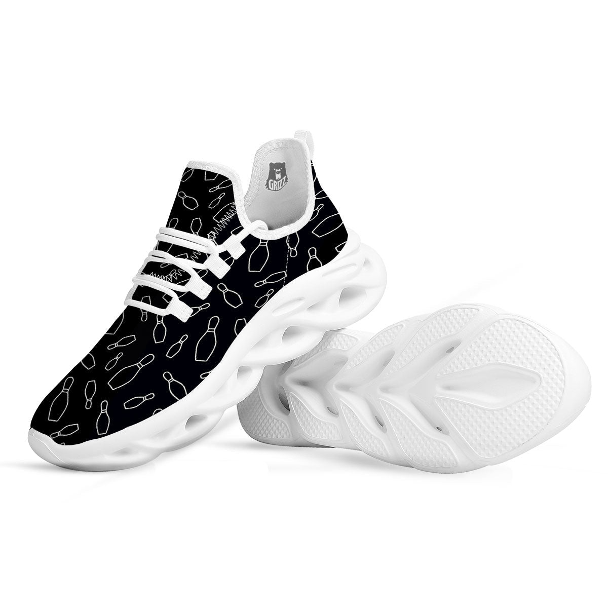 Black Bowling Pins Print Pattern White Running Shoes-grizzshop