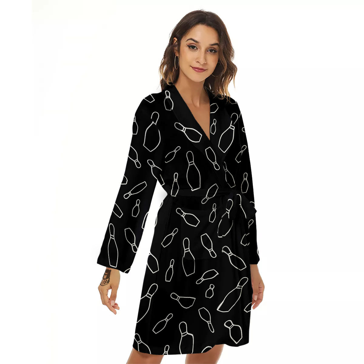 Black Bowling Pins Print Pattern Women's Robe-grizzshop