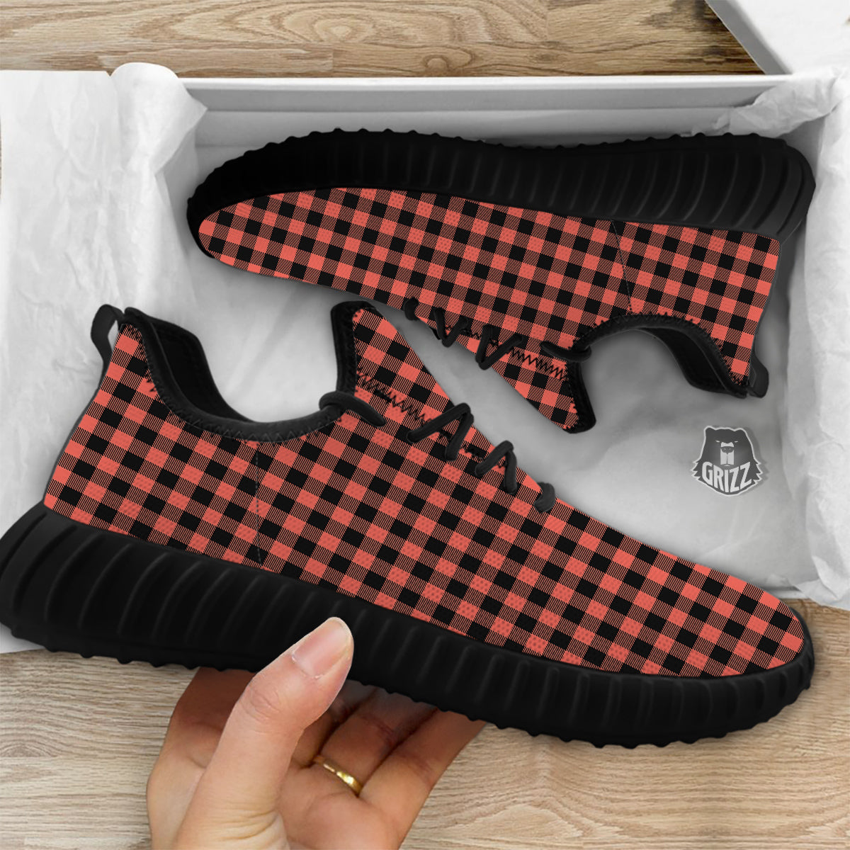 Black Buffalo Check And Coral Pink Print Black Walking Shoes-grizzshop