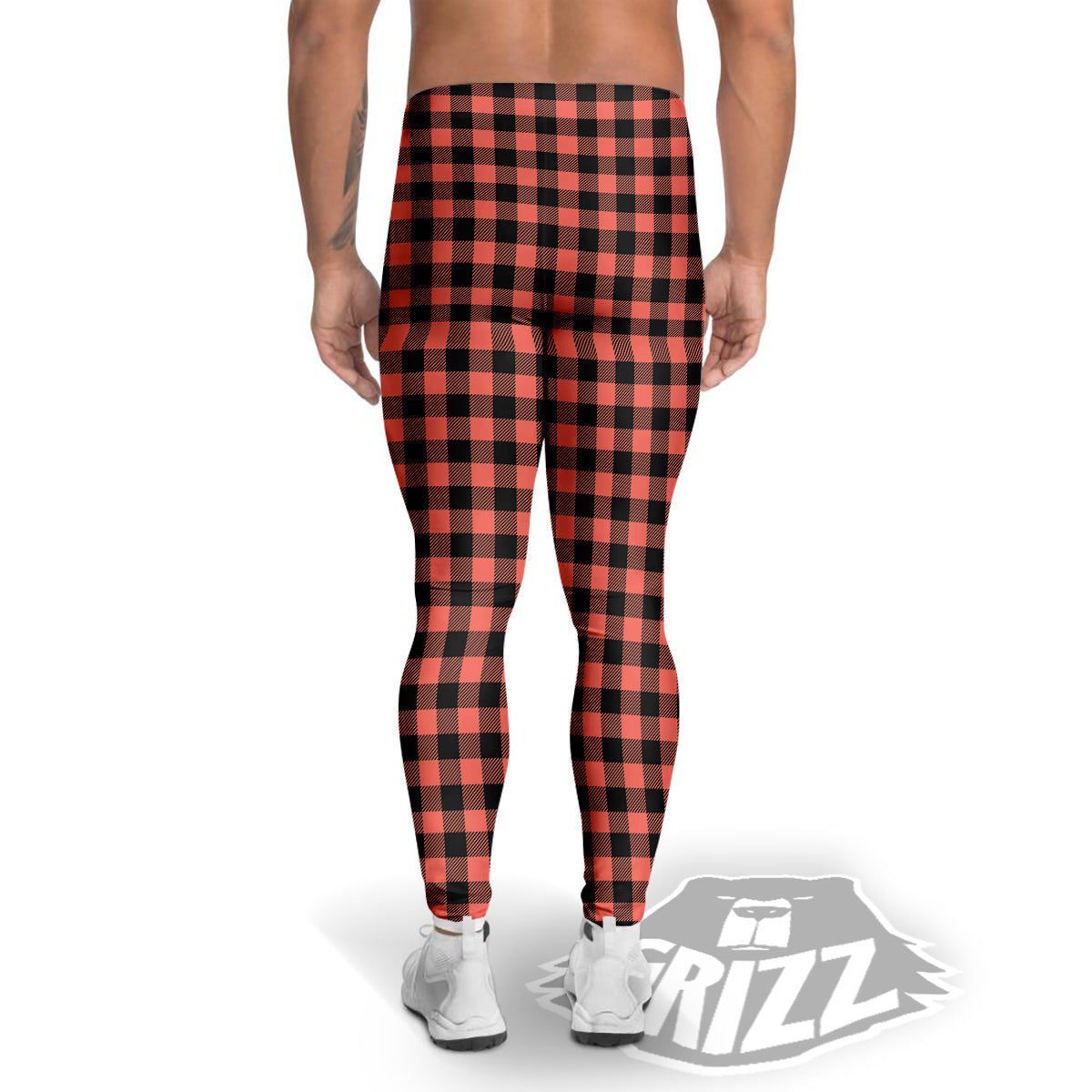 Black Buffalo Check And Coral Pink Print Men's Leggings-grizzshop
