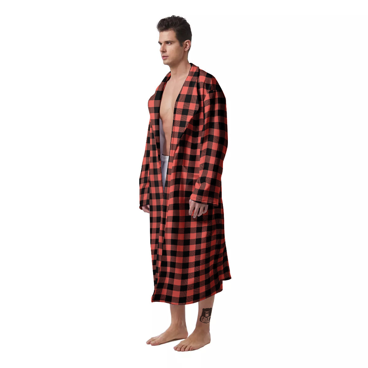 Black Buffalo Check And Coral Pink Print Men's Robe-grizzshop