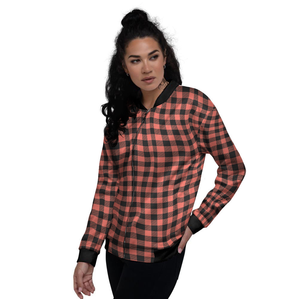 Black Buffalo Check And Coral Pink Print Women's Bomber Jacket-grizzshop