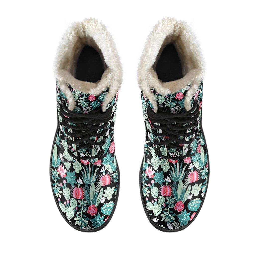 Black Cactus Pattern Print Comfy Winter Boots-grizzshop