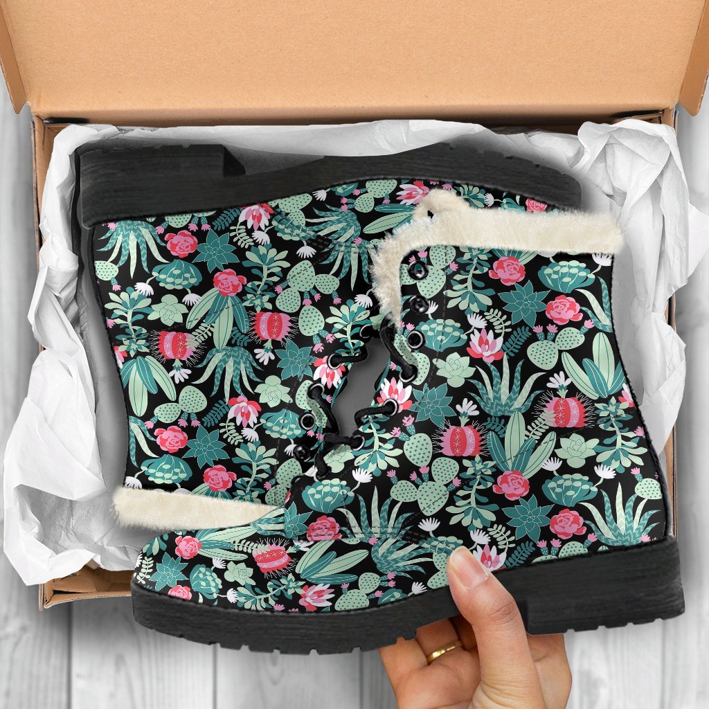 Black Cactus Pattern Print Comfy Winter Boots-grizzshop