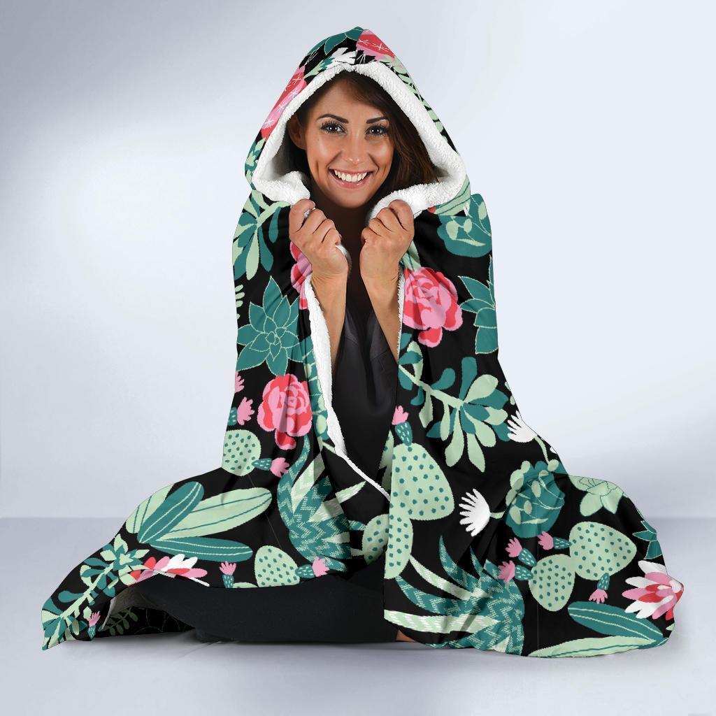 Black Cactus Pattern Print Hooded Blanket-grizzshop