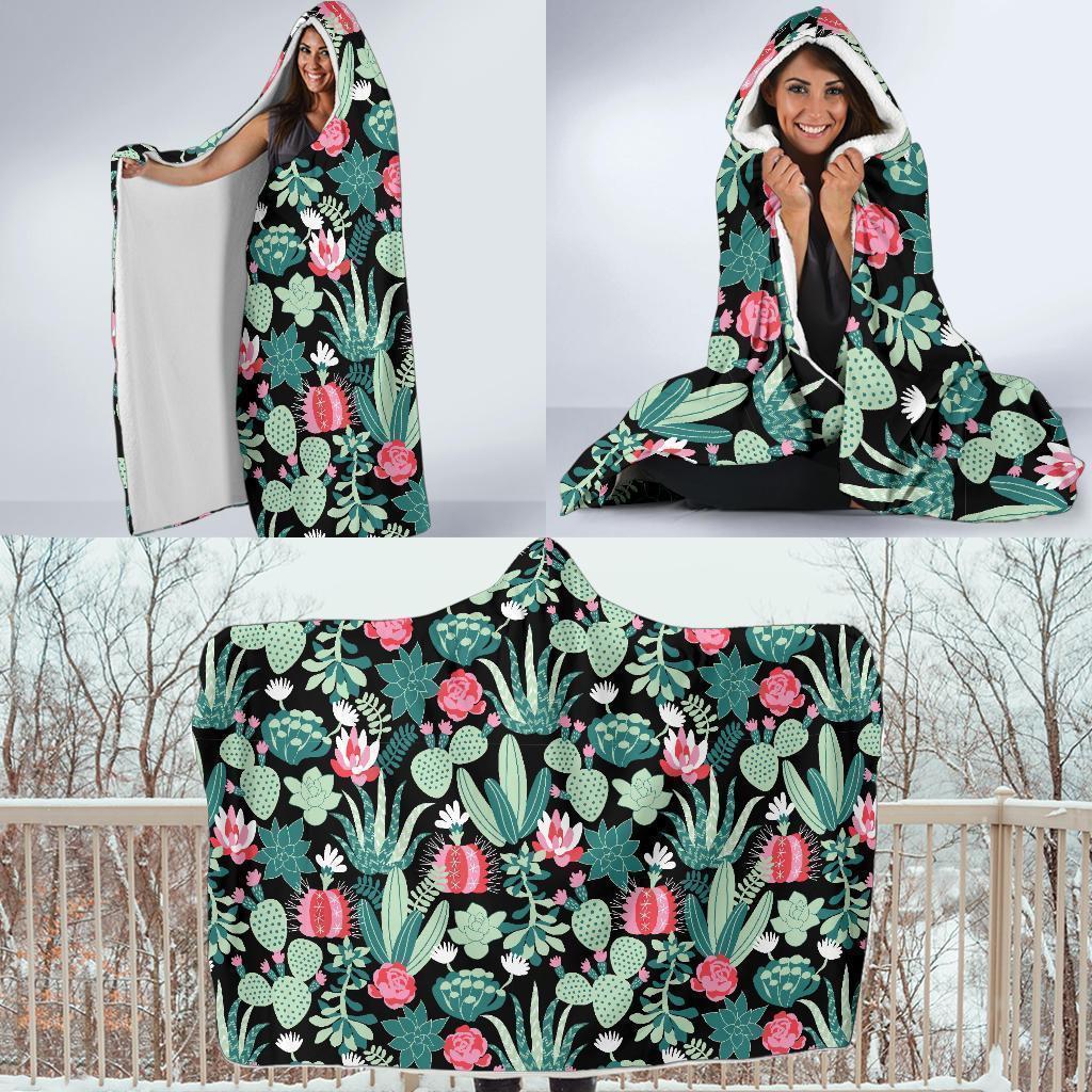 Black Cactus Pattern Print Hooded Blanket-grizzshop