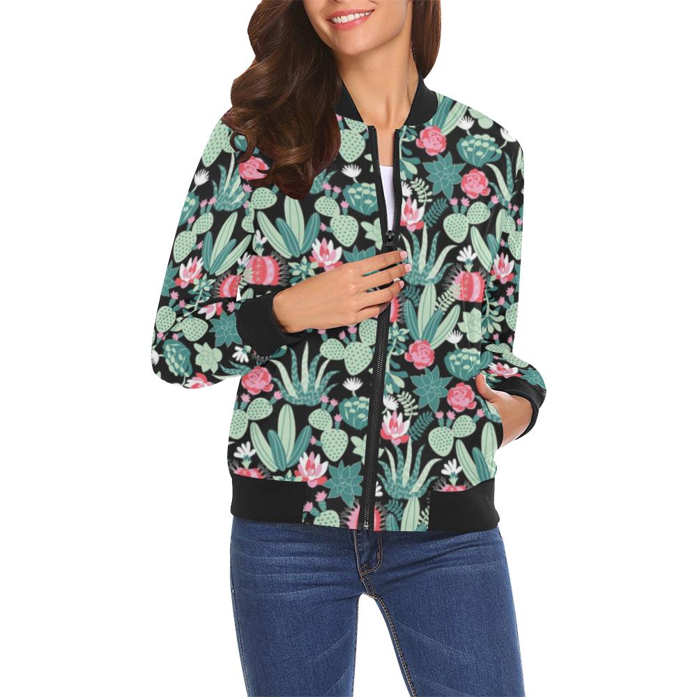 Black Cactus Pattern Print Women Casual Bomber Jacket-grizzshop