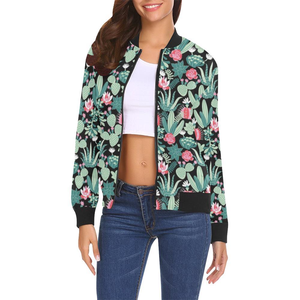 Black Cactus Pattern Print Women Casual Bomber Jacket-grizzshop
