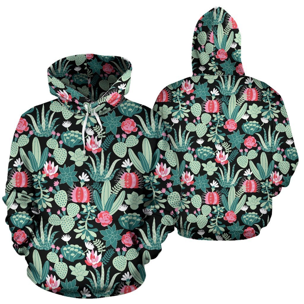 Black Cactus Pattern Print Women Men Pullover Hoodie-grizzshop