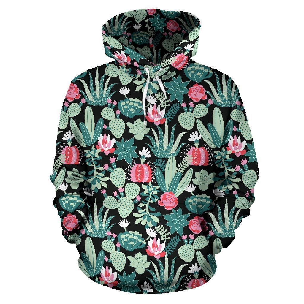Black Cactus Pattern Print Women Men Pullover Hoodie-grizzshop