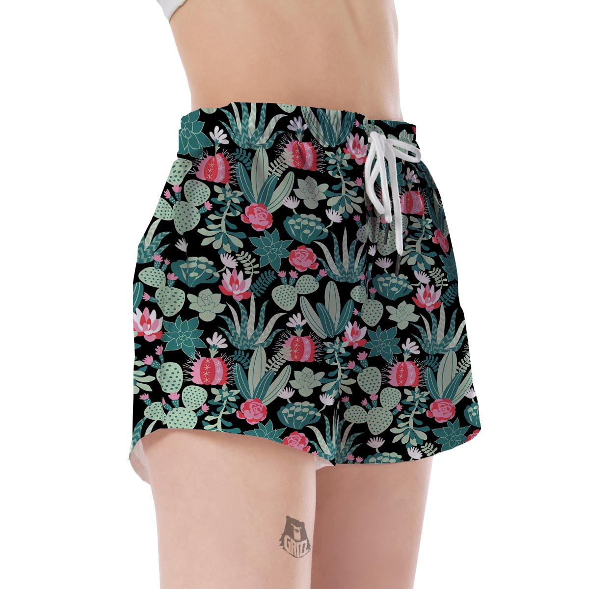 Black Cactus Pattern Print Women's Shorts-grizzshop