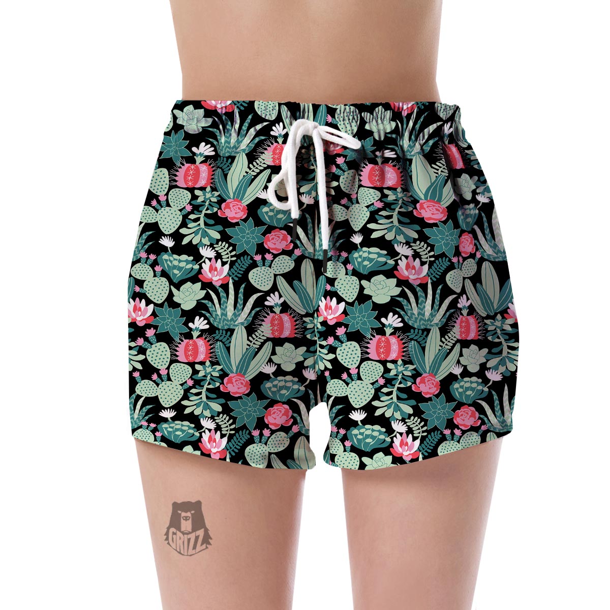 Black Cactus Pattern Print Women's Shorts-grizzshop