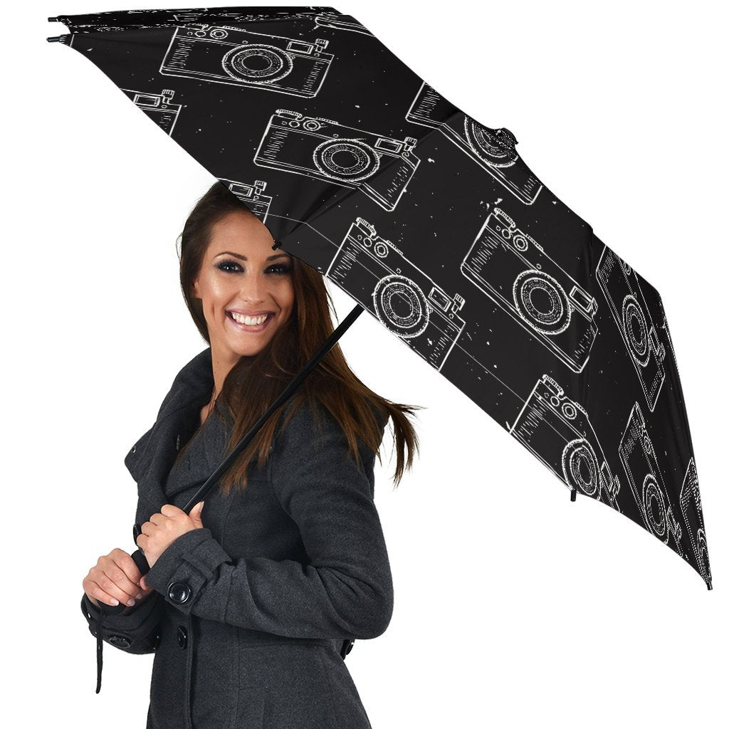 Black Camera Print Pattern Automatic Foldable Umbrella-grizzshop